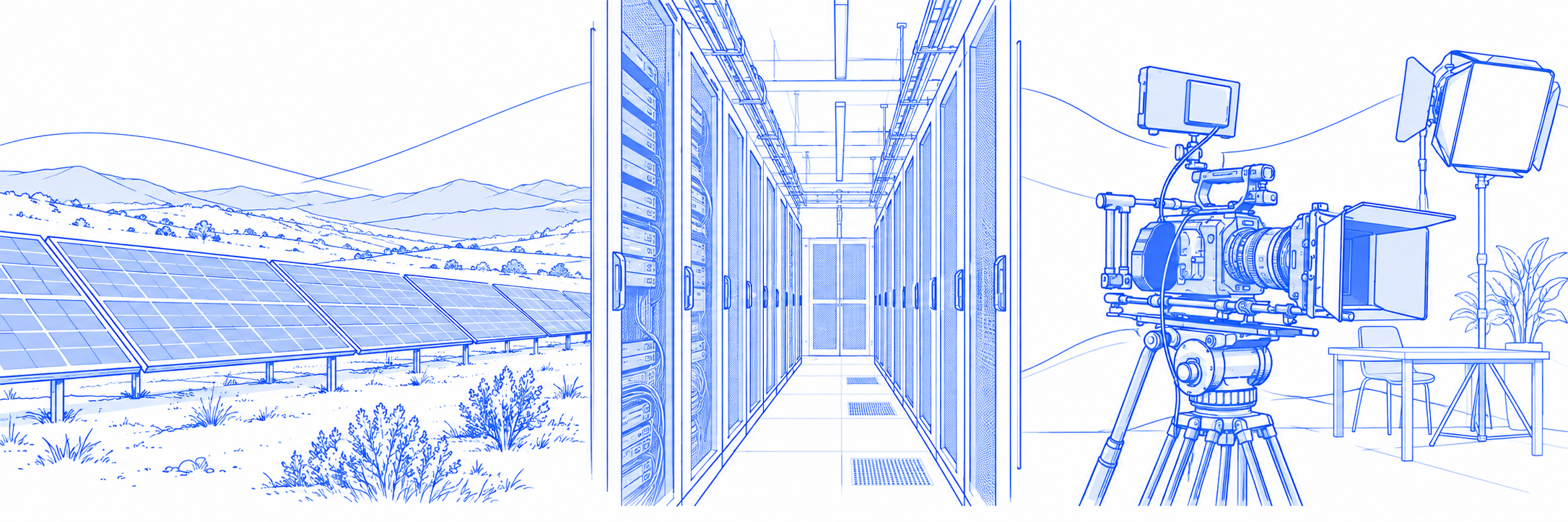 Blue-and-white line illustration of solar energy, computing infrastructure and film production.